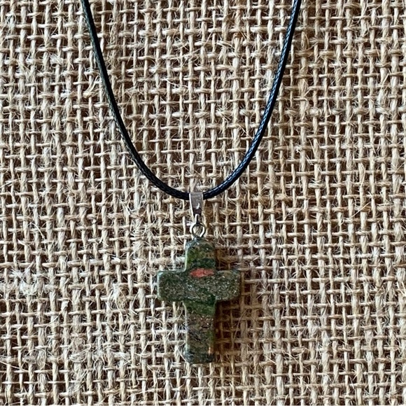 Unakite Stone Cross Pendant Necklace Crystal Healing Spirituality Unisex Jewelry - Picture 1 of 6